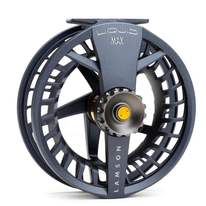 Load image into Gallery viewer, Lamson Liquid Max fly reel with dark blue spool and perforated frame, front view
