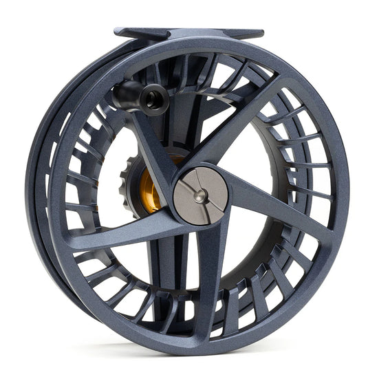 Lamson Liquid Max fly reel with side frame and gold line spool, angled view