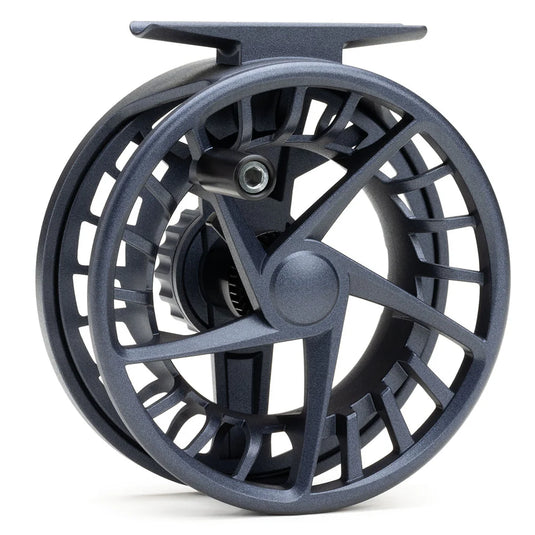 Lamson Liquid S-Series fly fishing reel, dark gray frame with center knob and arched spokes