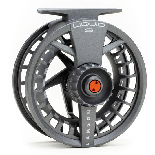 Fly fishing reel front view with "LIQUID S" frame and orange center cap