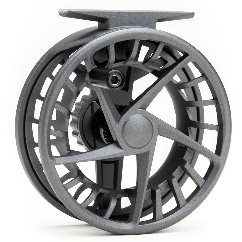 Load image into Gallery viewer, Fly fishing reel with dark gray frame and handle, arched spoke wheel and centered spool
