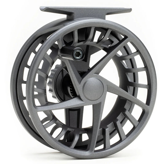 Fly fishing reel with dark gray frame and handle, arched spoke wheel and centered spool