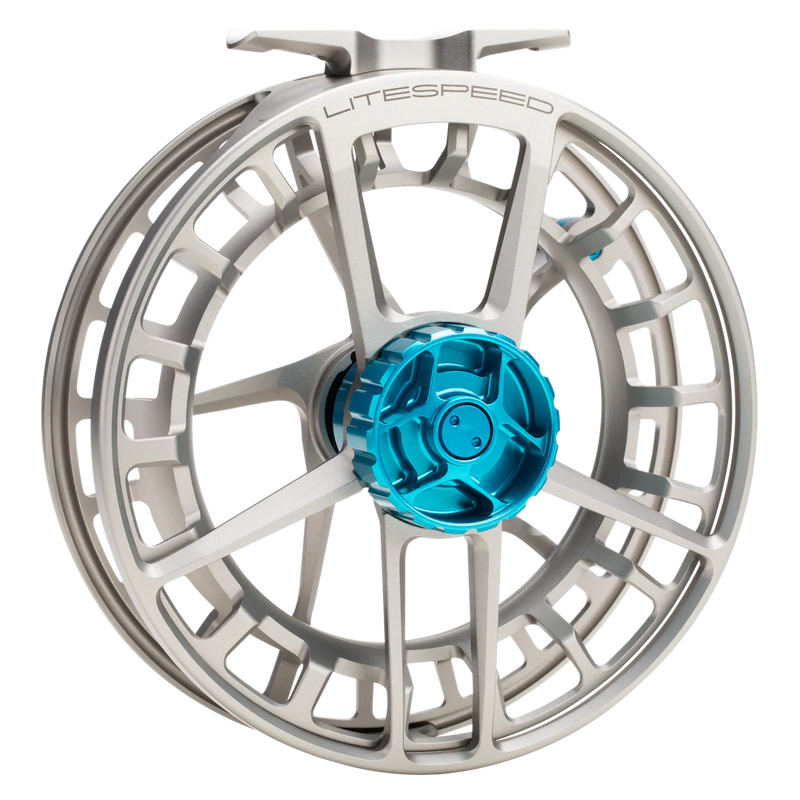 Load image into Gallery viewer, Fishing reel spool and frame, silver with blue center mechanism and handle arm
