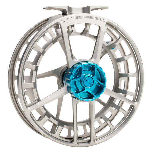 Fishing reel spool and frame, silver with blue center mechanism and handle arm
