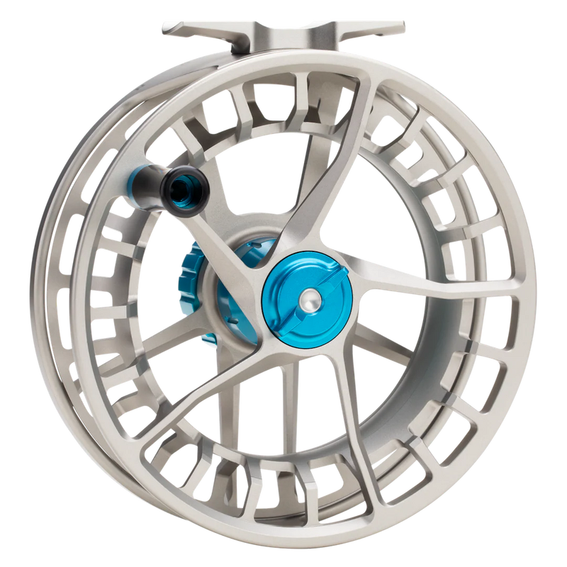 Load image into Gallery viewer, Fishing reel frame with slotted spokes, silver finish and blue spool hardware

