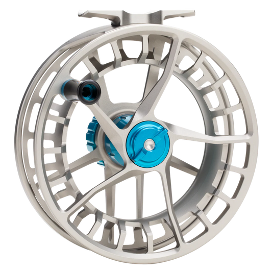 Fishing reel frame with slotted spokes, silver finish and blue spool hardware