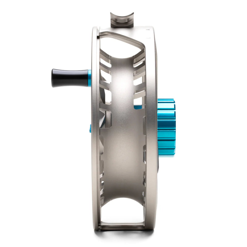 Load image into Gallery viewer, Fishing reel side view, silver outer frame with blue side spool detail
