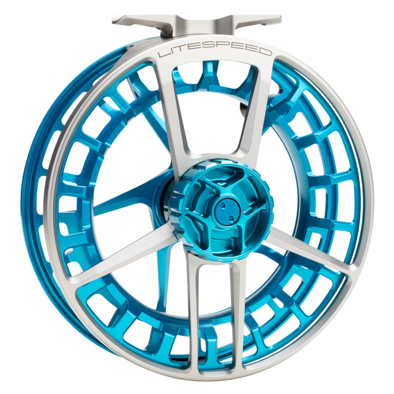 Load image into Gallery viewer, Fishing reel spool and frame, silver rim with blue spoke accents and blue center
