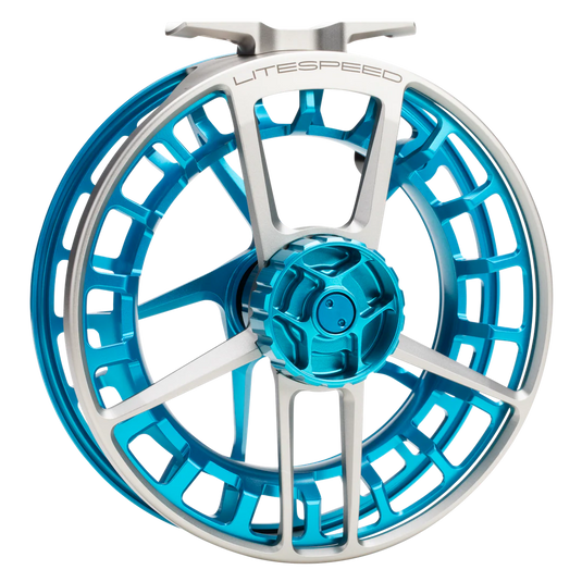 Fishing reel spool and frame, silver rim with blue spoke accents and blue center