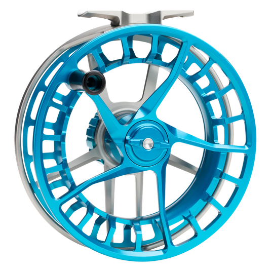 Fishing reel spool and side plate, bright blue components with silver frame
