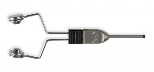 Stonfo Bobtec bobbin tool with metal frame and black grip, side view