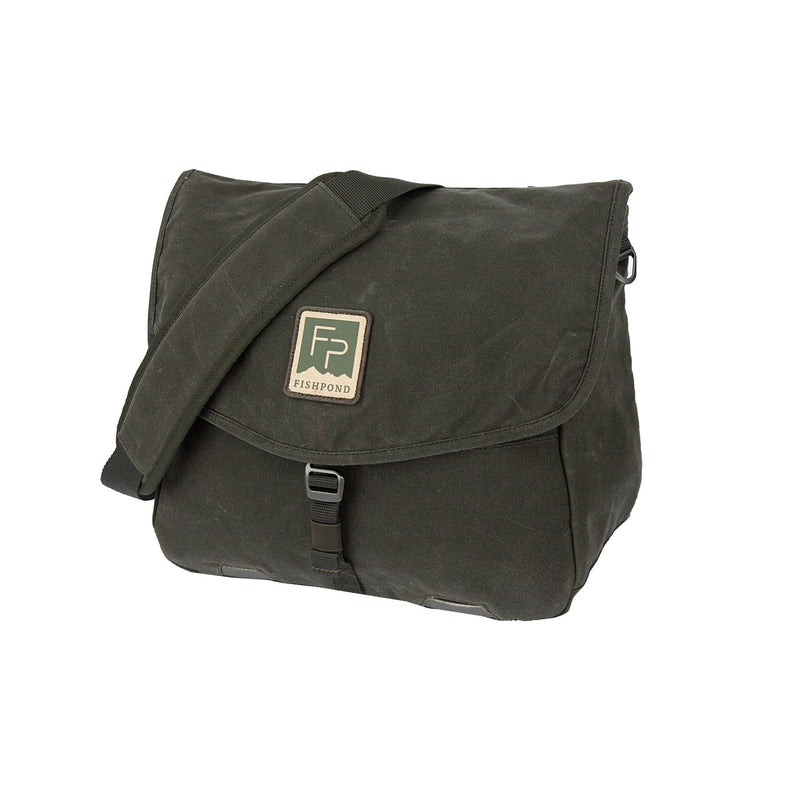 Load image into Gallery viewer, Dark green fishing satchel with flap closure, logo patch, and adjustable shoulder strap
