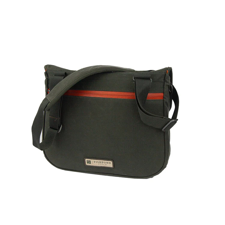 Load image into Gallery viewer, Dark green fishing satchel with front logo patch, shoulder strap, and red inner lining
