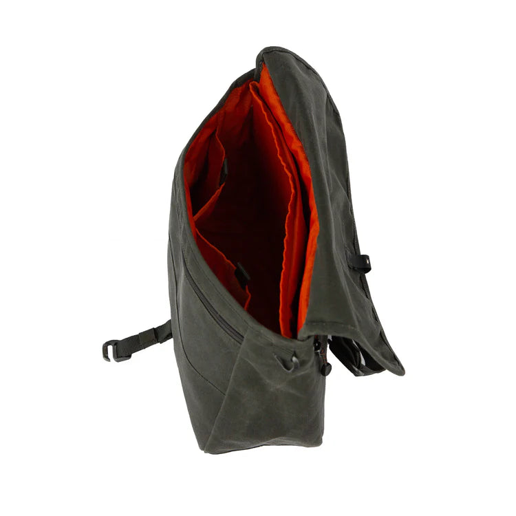 Load image into Gallery viewer, Open dark green fishing satchel with red interior lining and side strap hardware

