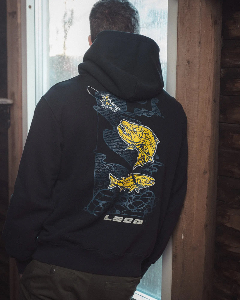Load image into Gallery viewer, Men's logo hoodie with large back graphic in blue and yellow tones
