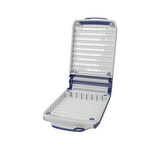 Universal fly box, open with segmented foam storage in grey and blue