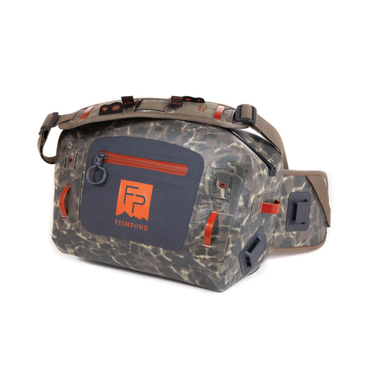 Camo submersible lumbar pack with front pouch and orange accents, adjustable straps.