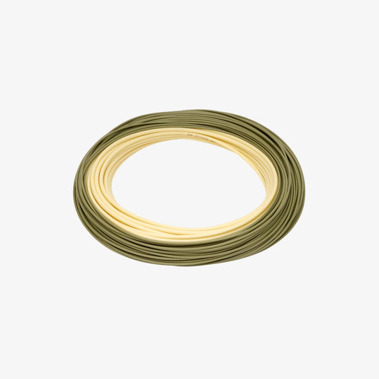 Spool of olive and light-cream fishing line, coiled loop