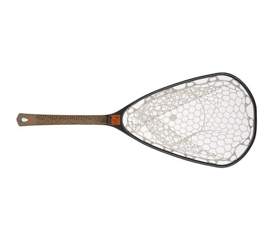 Fishing net with brown handle and white mesh hoop, oval frame