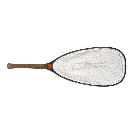 Fish landing net with light mesh and brown wooden-style handle, oval head