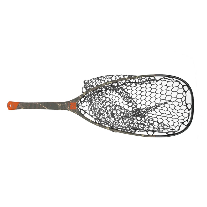 Load image into Gallery viewer, Fish landing net with white mesh and dark handle, orange accents, oval head
