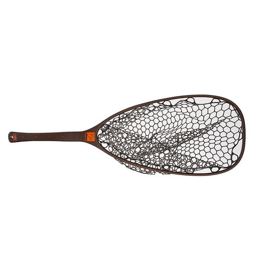 Landing net with hex-mesh bag and dark brown handle