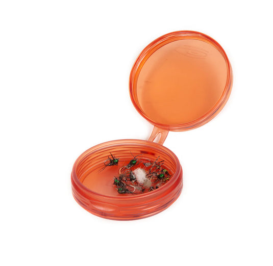 Fishpond Shallow Fly Puck, orange translucent container with open lid and flies