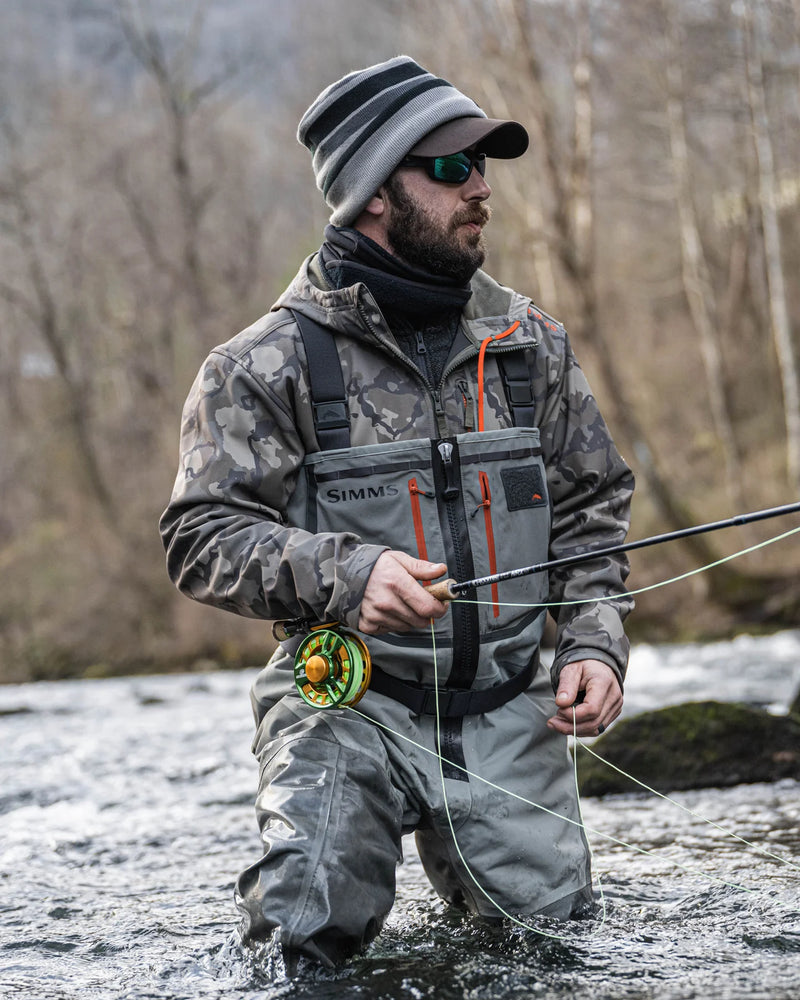 Load image into Gallery viewer, Simms Freestone Z stockingfoot wader in gray with black straps and red zipper accents
