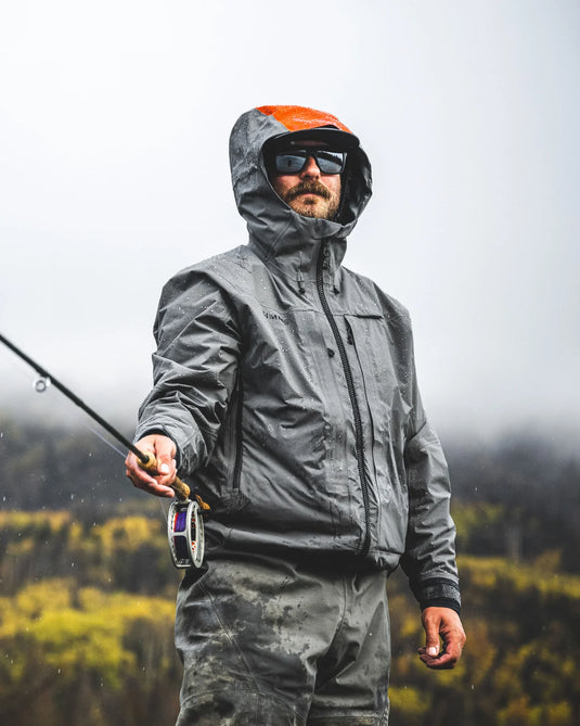 Men's G4 Pro jacket, gray hood with orange accent and zipped front