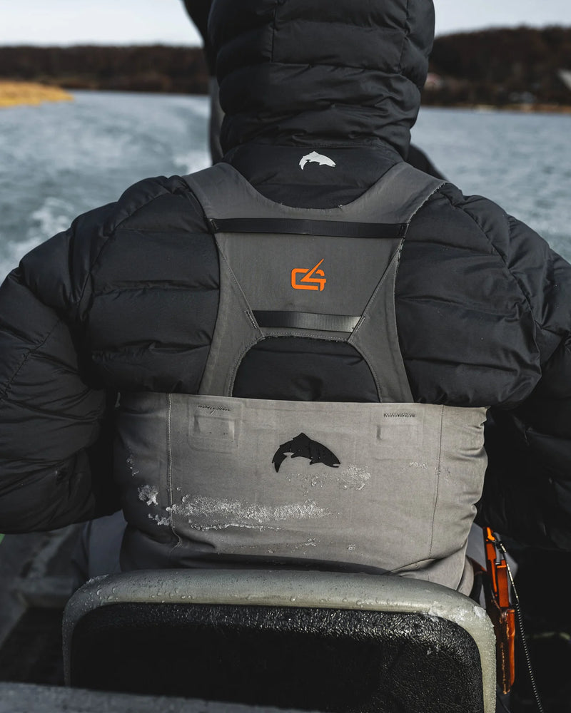 Load image into Gallery viewer, Gray wader upper with embossed logo patch and black chest pocket panel

