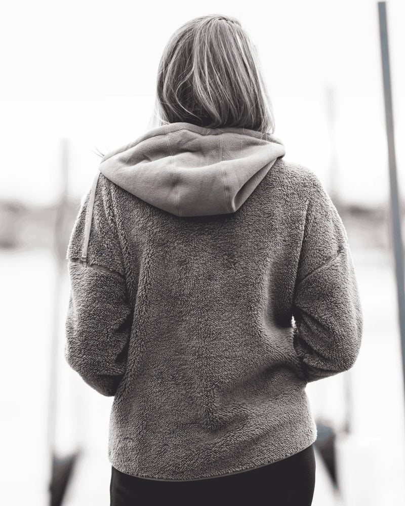 Load image into Gallery viewer, Women’s fleece hoodie back view with hood and drawstring ties
