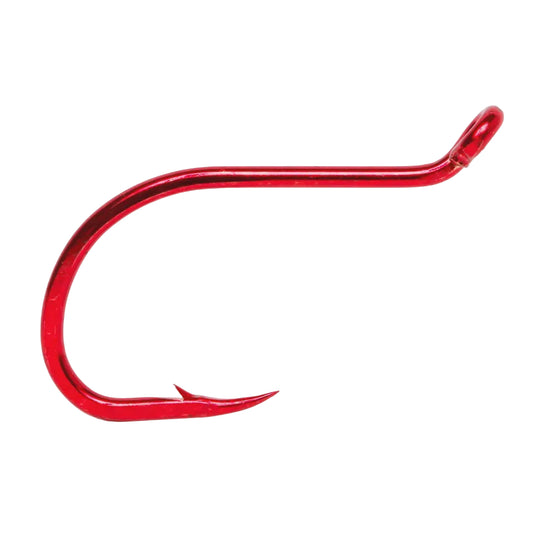 Red fishing hook lure with offset bend and barb