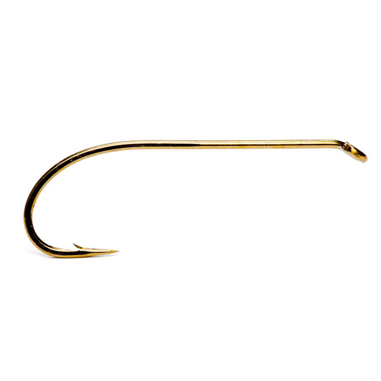 Gold fishing hook with curved shape and barbed tip