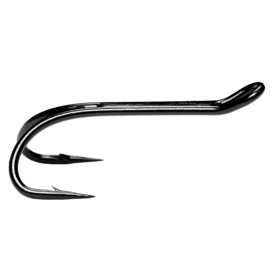 Double-barbed fishing hook with long shank, dark finish