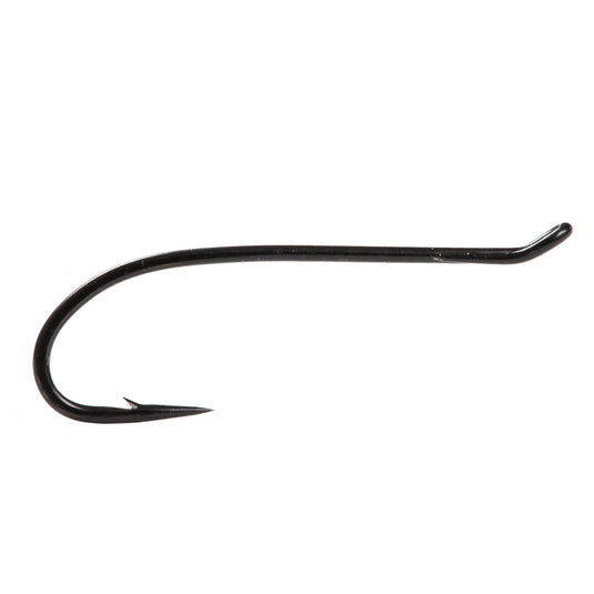 Black salmon fishing hook, long shank with curved bend and barbed tip