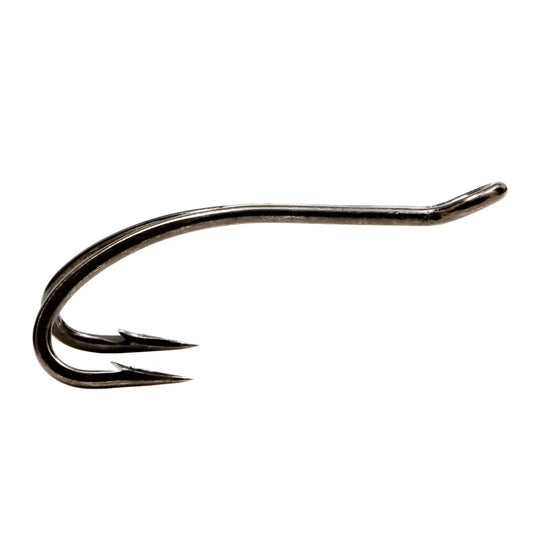 Double fishing hook with two barbed points, dark steel finish