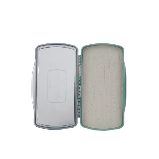 Fishpond fly box, open with clear lid and teal foam insert on back