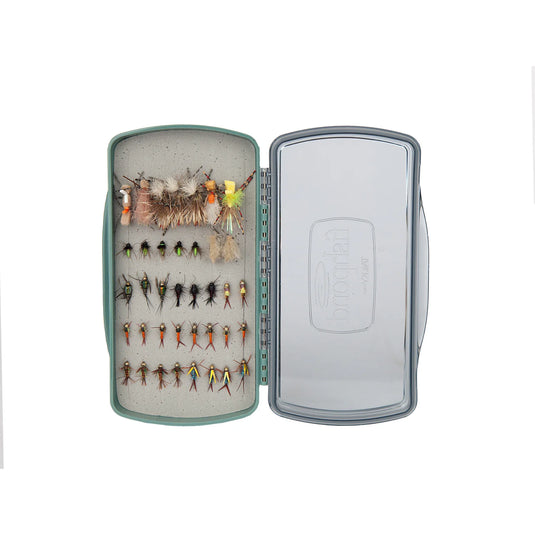 Fishpond fly box with foam insert, open lid showing rows of fishing flies
