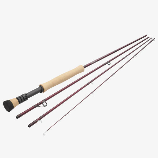 Fishing rod with cork grip, maroon shaft, and multiple line guides