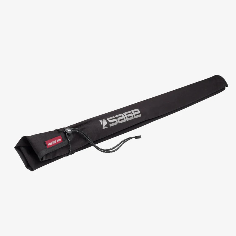 Load image into Gallery viewer, Fishing rod storage case, black fabric sleeve with Sage logo and strap

