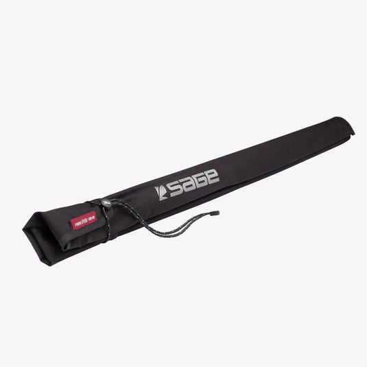 Fishing rod storage case, black fabric sleeve with Sage logo and strap