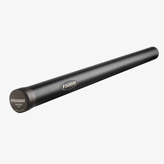 Fishing rod tube, matte black with Sage branding and end cap