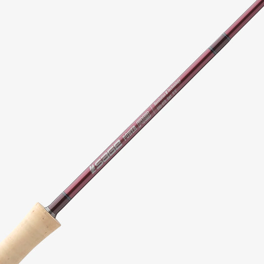 Fishing rod with maroon shaft, cork grip, and R8 Power marking