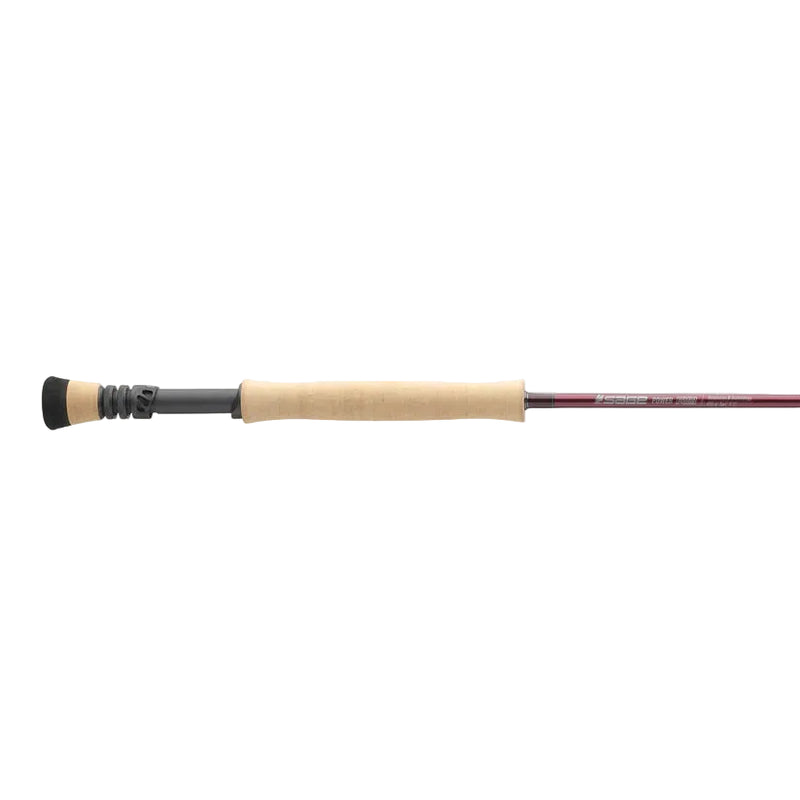 Load image into Gallery viewer, Fishing rod with cork handle, black reel seat, and maroon rod section
