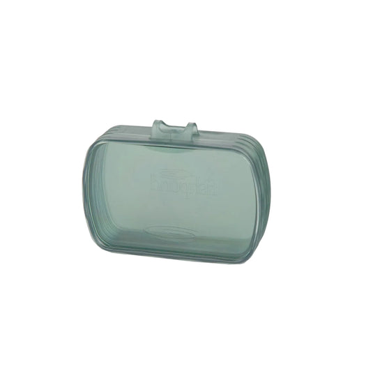 Green translucent fly puck case with hinged lid and clip