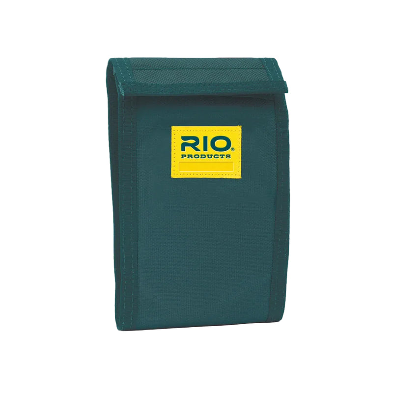 Load image into Gallery viewer, Dark teal canvas wallet sleeve with flap and Rio Products logo patch
