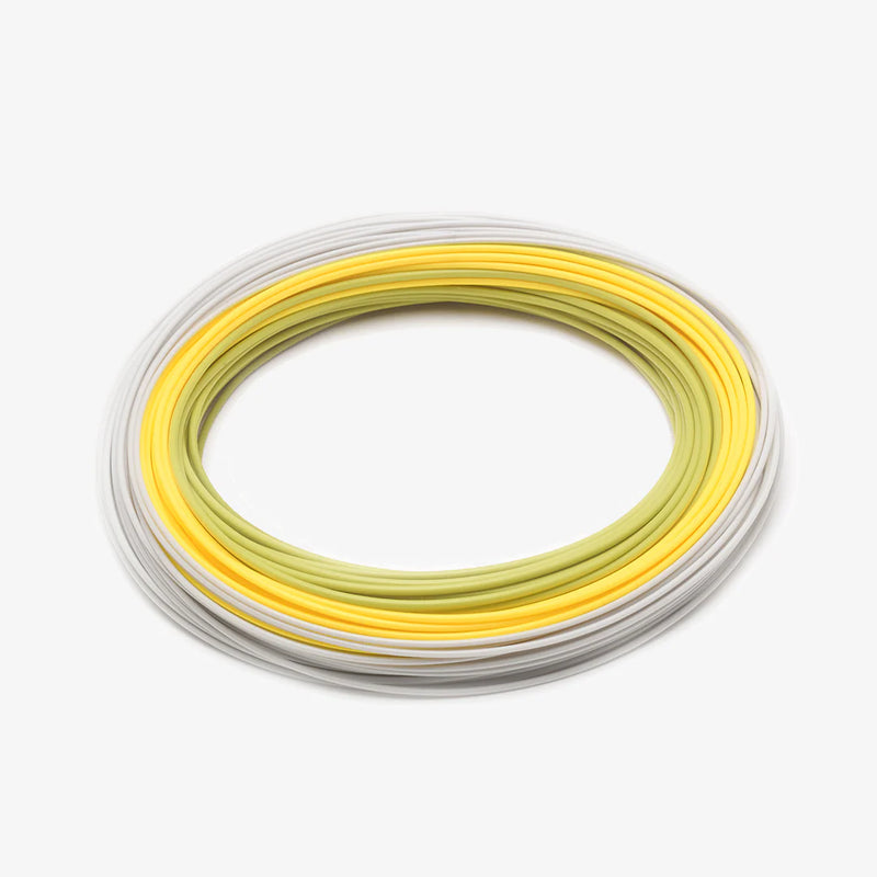 Load image into Gallery viewer, Fly fishing line coil, yellow and green top with gray backing
