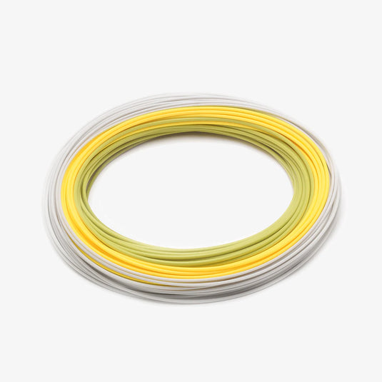 Fly fishing line coil, yellow and green top with gray backing