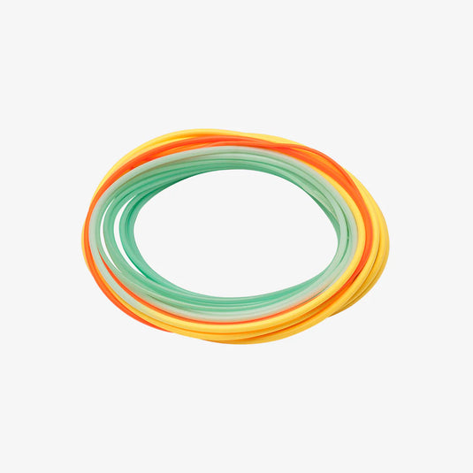 Coiled low-stretch shooting head line in orange, green, and yellow loops