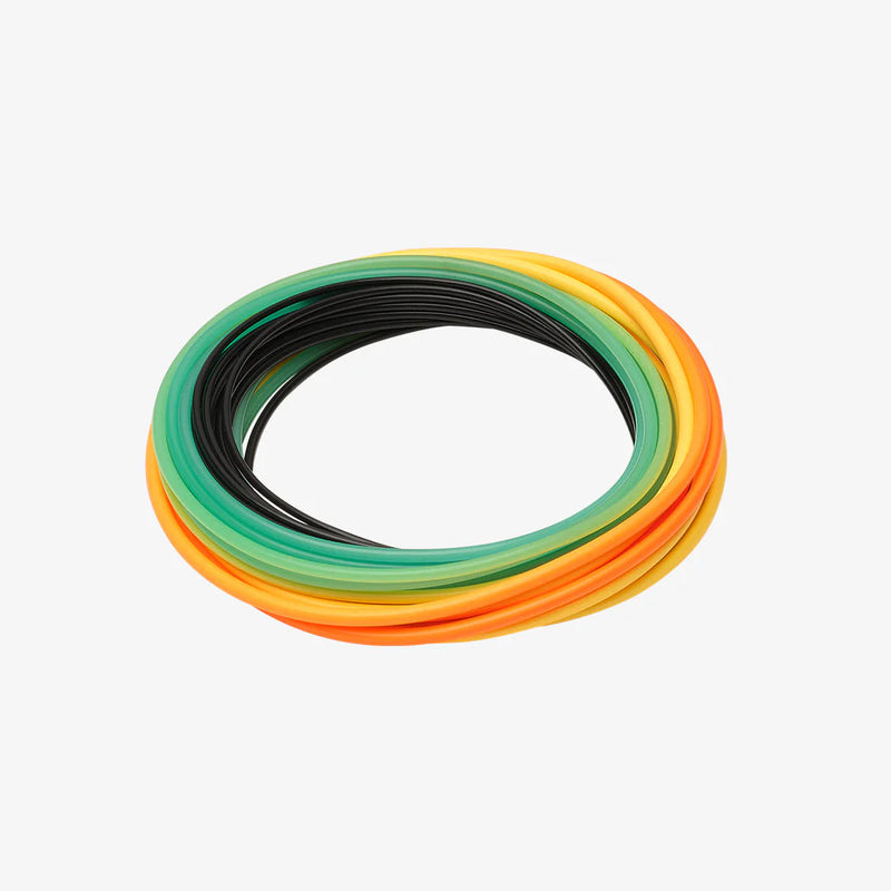 Load image into Gallery viewer, Stacked shooting head loops with orange and green outer rings and dark center
